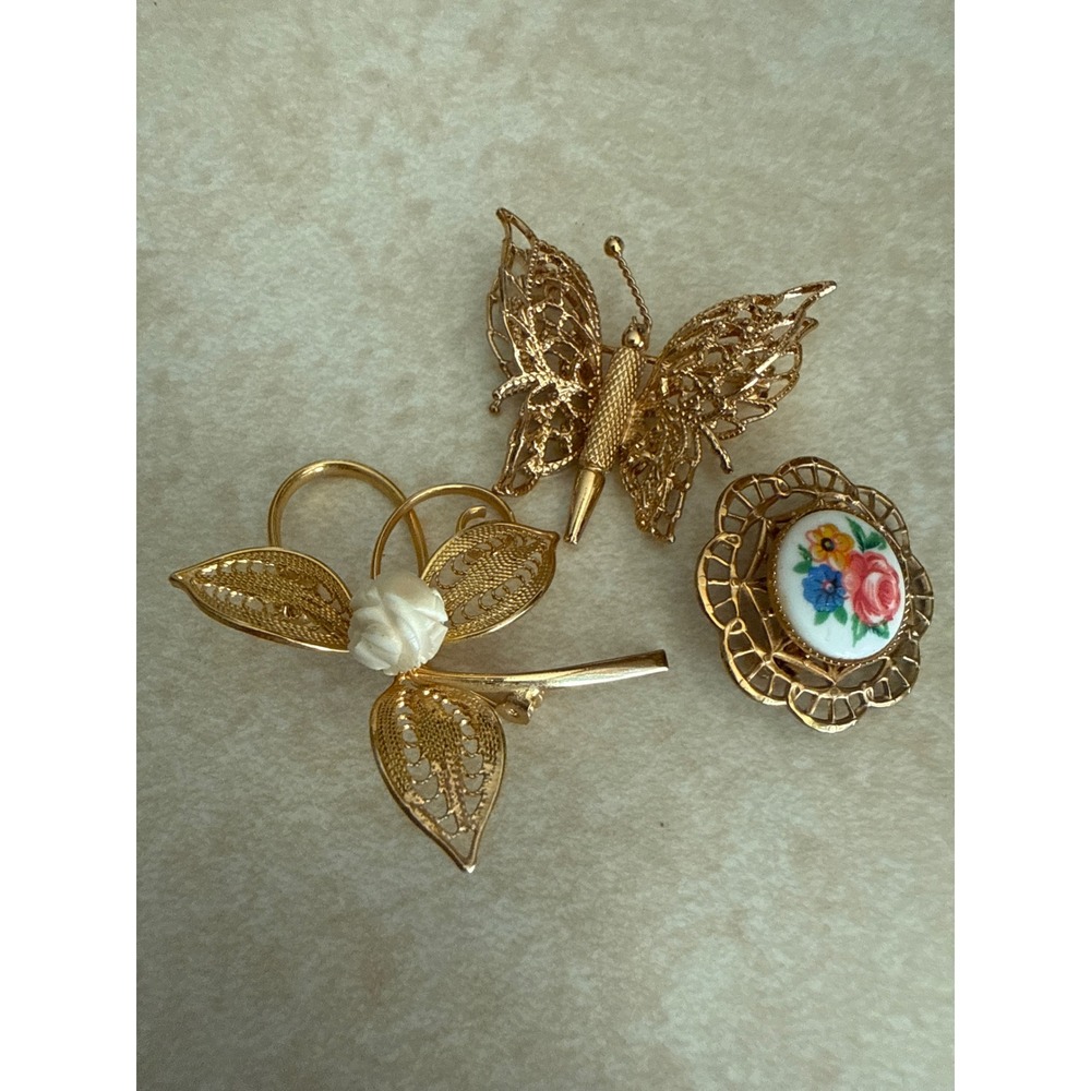 3 Vintage Gold Tone Brooches: Mid Century Filigree, Porcelain & Monet As Is